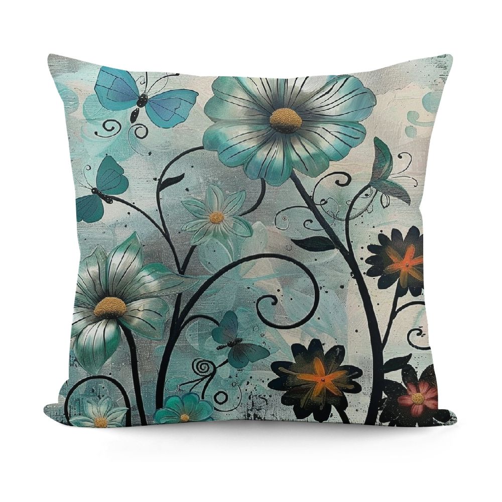Fsmy Farmhouse Blue Flower Pillow Cover, Farm Daisy Floral Butterfly