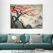 Fsmy Japan Anime Tapestry, Asian Mount Cherry Blossom Tapestry, Japanese Ink Art Tapestry for Living Room College Dorm Beach Blanket