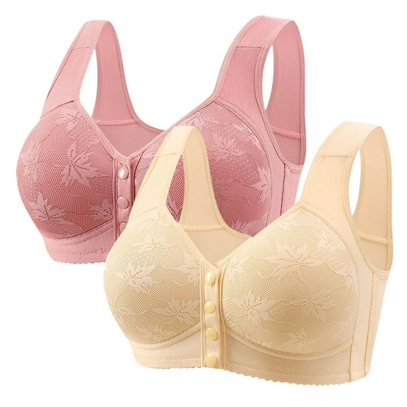 Fsqjgq 2 Pcs Front Closure Bras for Women Plus Size Floral Lace Full Coverage Push Up Bra Elderly Mom Soft Comfort Underwear Tank Tops Sports Bra 44
