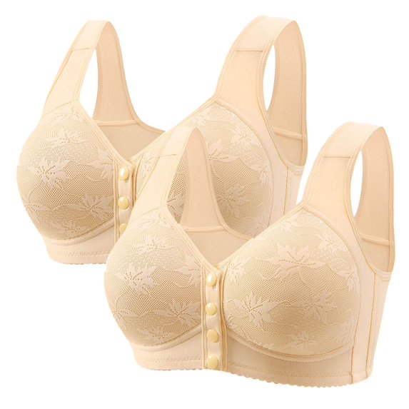 Fsqjgq 2 Pcs Front Closure Bras for Women Plus Size Floral Lace Full Coverage Push Up Bra Elderly Mom Soft Comfort Underwear Tank Tops Sports Bra 50