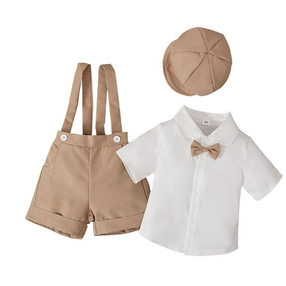 Fsqjgq Baby Boy Clothes 6-12 Months Kids Outfits Boys Summer Gentlemen's Suit Short Sleeved Shirt with Bow   Suspenders Shorts   Hat Three Piece Children's Suit Outfits Toddler Pants 3T Clothing