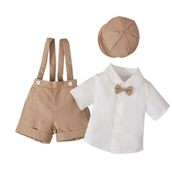 Fsqjgq Baby Boy Clothes 6-12 Months Kids Outfits Boys Summer Gentlemen's Suit Short Sleeved Shirt with Bow + Suspenders Shorts + Hat Three Piece Children's Suit Outfits Toddler Pants 3T Clothing
