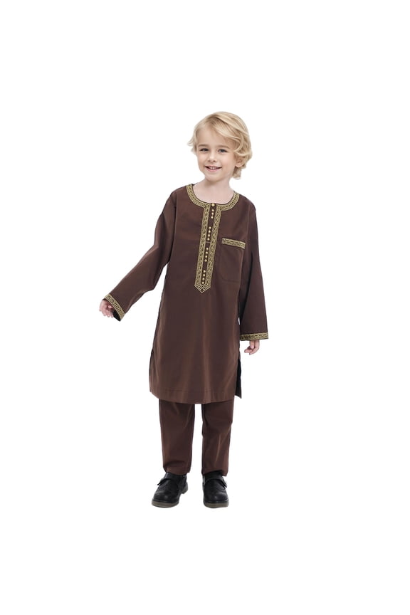 Baby Boy Clothes 9-10 Years Kids Outfits Boys Round Long Sleeves Robe Suit Ational Middle Teenage Boys Embroidered Robe Suit Arab Children's Wear Out Wear Outfits Boys Outfit Clothing