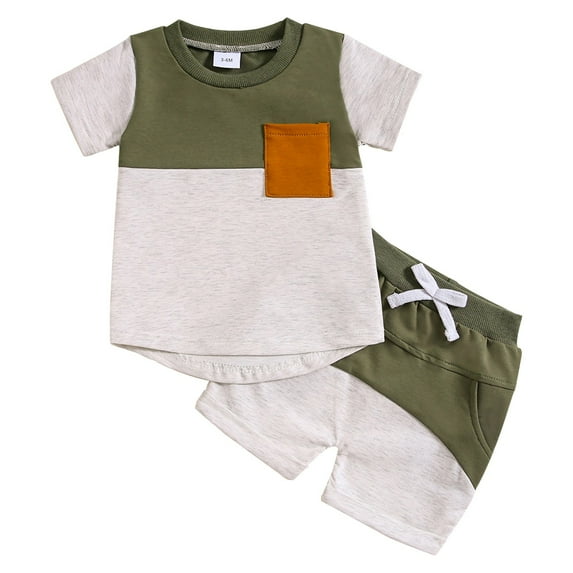 Fsqjgq Baby Boys Summer Clothes Toddler Boy Outfits Sets Color Block Pockets Short Sleeve Tshirt Drawstring Shorts Kids Cotton Clothing Sets