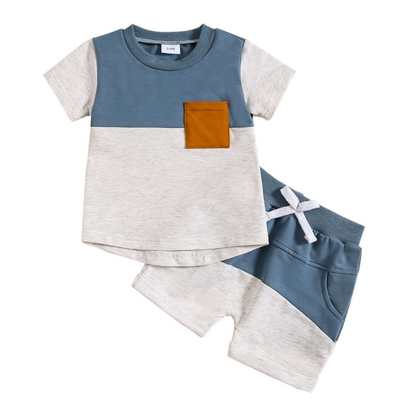 Fsqjgq Baby Boys Summer Clothes Toddler Boy Outfits Sets Color Block Pockets Short Sleeve Tshirt Drawstring Shorts Kids Cotton Clothing Sets