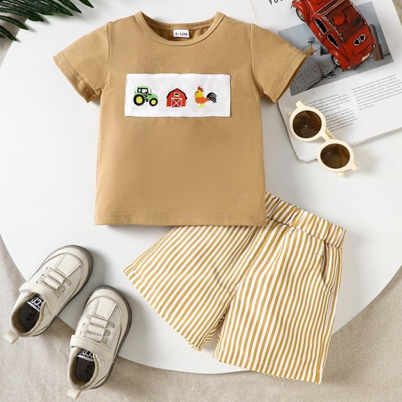 Fsqjgq Baby Girl Boy Summer Clothes Toddler Boys Cotton Clothing Sets Short Sleeve Tops Embroidery Tee Pattern Tshirt Plaid Short Pants Set 3Y