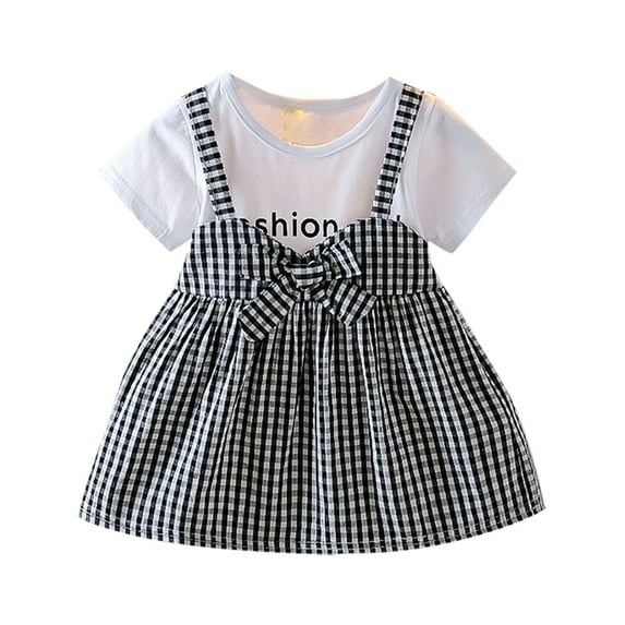 Fsqjgq Baby Girl Clothes Baby Easter Outfit Elegant Clothes for Kids Black Fashion Small and Medium Sized Girls' New Short Sleeved Plaid Princess A Line Dress 100
