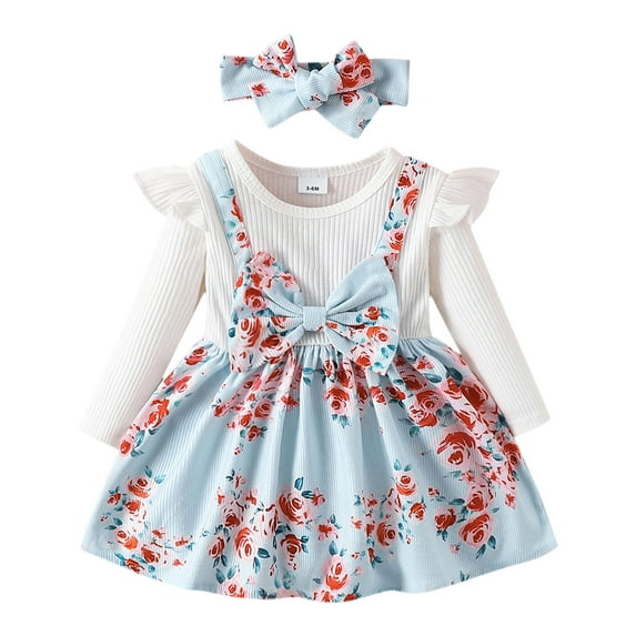 Fsqjgq Baby Girl Clothes Cute Easter Dresses for Girls Boho Girls Long Sleeve Dress Blue Toddler Girls Long Sleeve Floral Prints Princess Dress Dance Party Dresses Clothes 24M