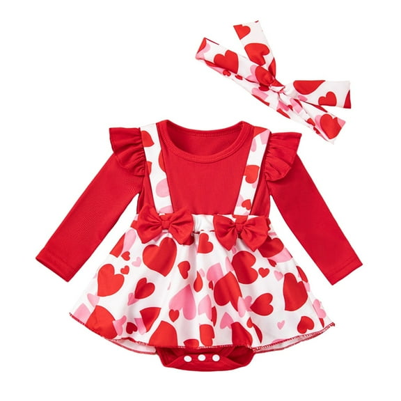 Fsqjgq Baby Girl Clothes Cute Toddler Girls Valentine's Day Outfit Heart Print Ruffle Long Sleeve Romper   Suspender Skirt   Headband Cute Clothes 9-12 Months