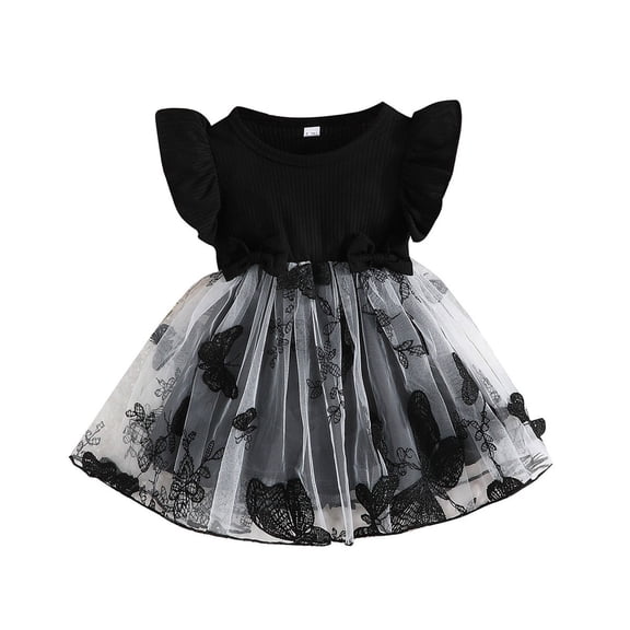 Fsqjgq Baby Girl Clothes Dress for Girls 7-11 Trendy Plus Size Summer Dresses Black Toddler Baby Girl Butterfly Dress Sleeveless Ribbed Patchwork Tulle Tutu Dresses Kids Party Dress 2