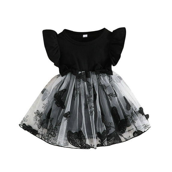 Fsqjgq Baby Girl Clothes Dress for Girls 7-11 Trendy Plus Size Summer Dresses Black Toddler Baby Girl Butterfly Dress Sleeveless Ribbed Patchwork Tulle Tutu Dresses Kids Party Dress 2