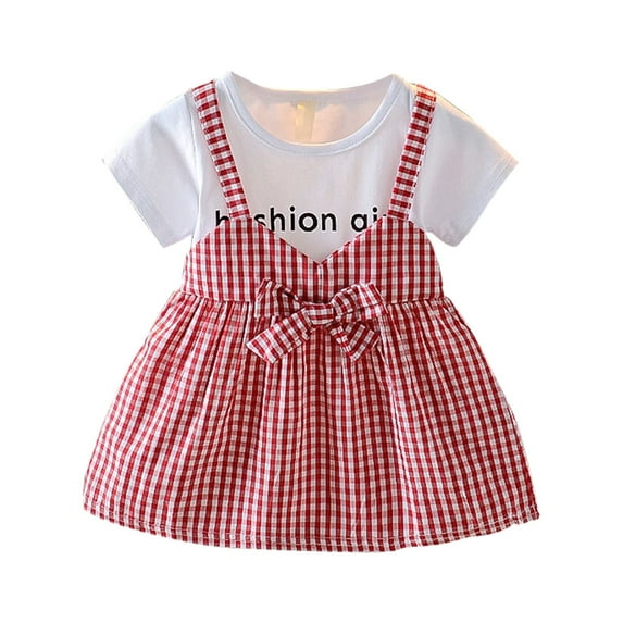 Fsqjgq Baby Girl Clothes Dresses for Girls 10-14 Holiday Baby Girl Clothes 18-29 Months Red Fashion Small and Medium Sized Girls' New Short Sleeved Plaid Princess A Line Dress 100