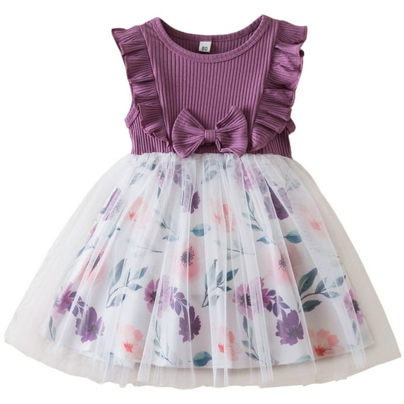 Fsqjgq Baby Girl Clothes Easter Dress Toddler Girl Summer Linen Dress Purple Child Girls Tulle Pageant Dress Party Flowers Prints Bowknot Fly Sleeve Gown Dresses 110
