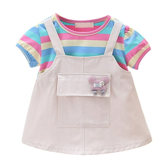 Fsqjgq Baby Girl Clothes Easter Dresses for Kids Summer White Dress Hot Pink Short Sleeved New Summer Clothes Girls' Dress Baby Color Strip Baby Cute Baby Summer Dress Suspenders 90