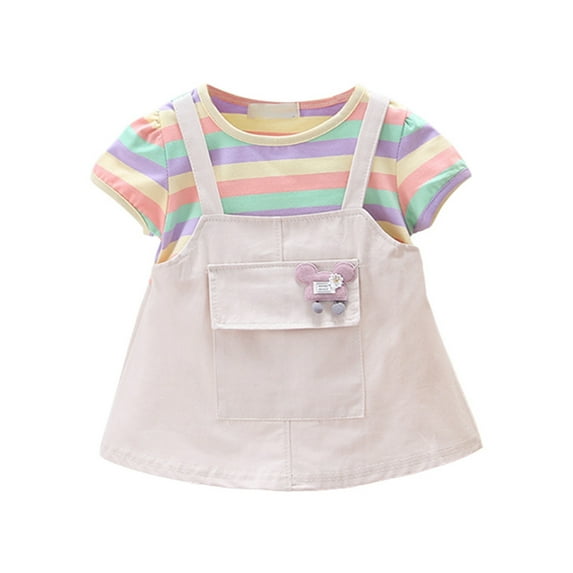 Fsqjgq Baby Girl Clothes Easter Girls Dress Holiday Black Dress Orange Short Sleeved New Summer Clothes Girls' Dress Baby Color Strip Baby Cute Baby Summer Dress Suspenders 80