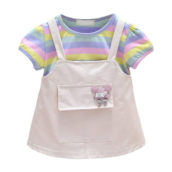 Fsqjgq Baby Girl Clothes Easter Baby Outfit Trendy Plus Size Summer Dresses Yellow Short Sleeved New Summer Clothes Girls' Dress Baby Color Strip Baby Cute Baby Summer Dress Suspenders 70