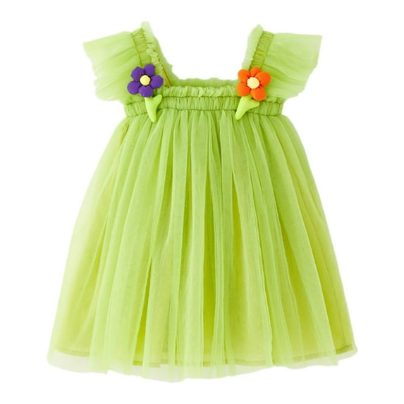 Fsqjgq Baby Girl Clothes Eid Dresses for Girls Trendy Smocked Baby Girl Clothes Mint Green Toddler Girls Fly Sleeve Floral Tulle Holiday Party Dress Dance Party Princess Dresses Clothes 90