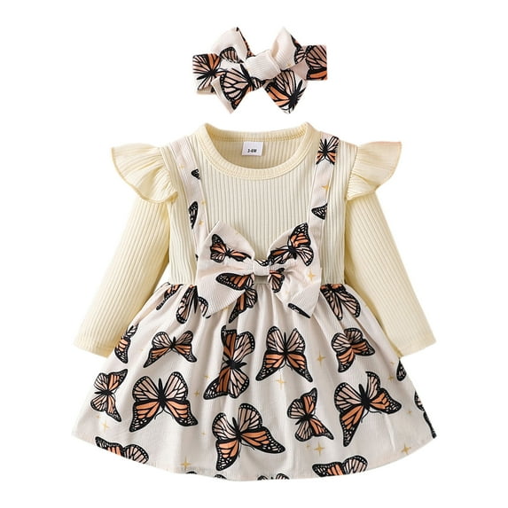 Fsqjgq Baby Girl Clothes Girls Green Dress Elegant Spring Dress Beige Toddler Girls Long Sleeve Floral Prints Princess Dress Dance Party Dresses Clothes 9M