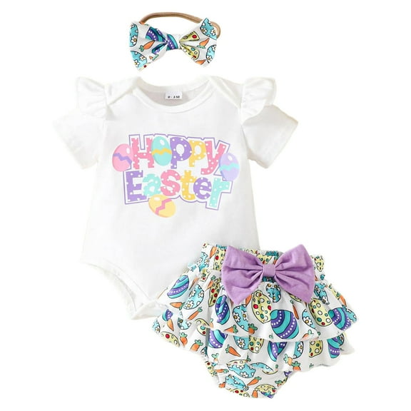 Fsqjgq Baby Girl Clothes Set Summer Outfits 3pcs Cute Baby Easter Alphabet Egg Printed Romper  Skirt Shorts Headband Girls Clothing Sets 18M