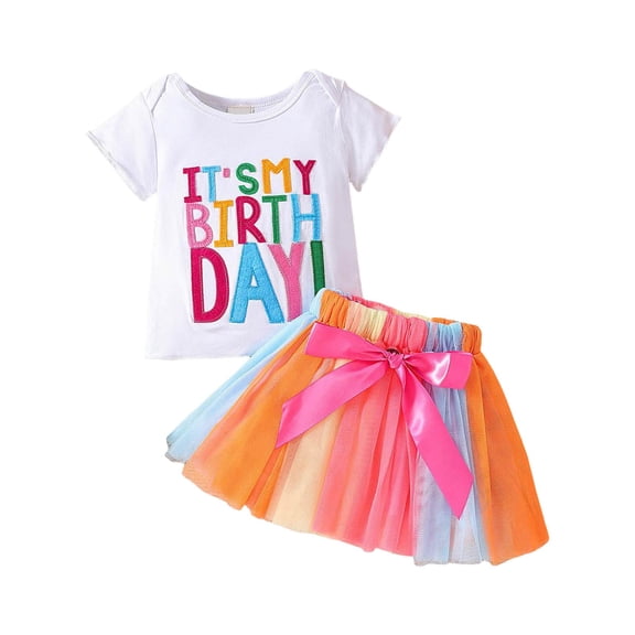 Fsqjgq Baby Girl Clothes Toddler Girls Birthday Outfits Embroidery Letter T Shirt Tops Rainbow Tutu Skirt Two Piece Birthday Clothing Sets 12-18 Months