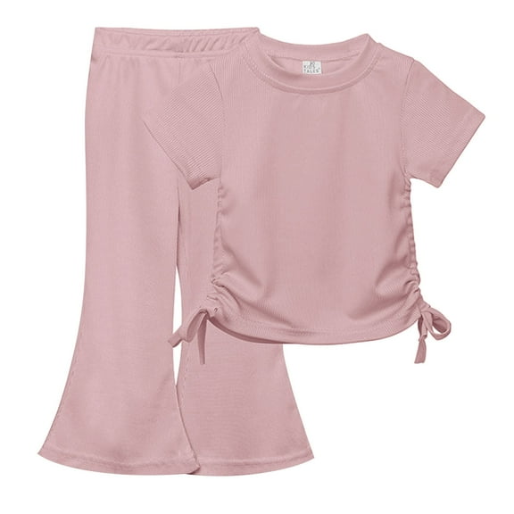 Fsqjgq Baby Girl Clothes Toddler Girls Summer Bell-Bottoms Outfits Solid Short Sleeve T-shirt Tops and Flare Pants Kids Casual Clothing Sets 5-6 Years