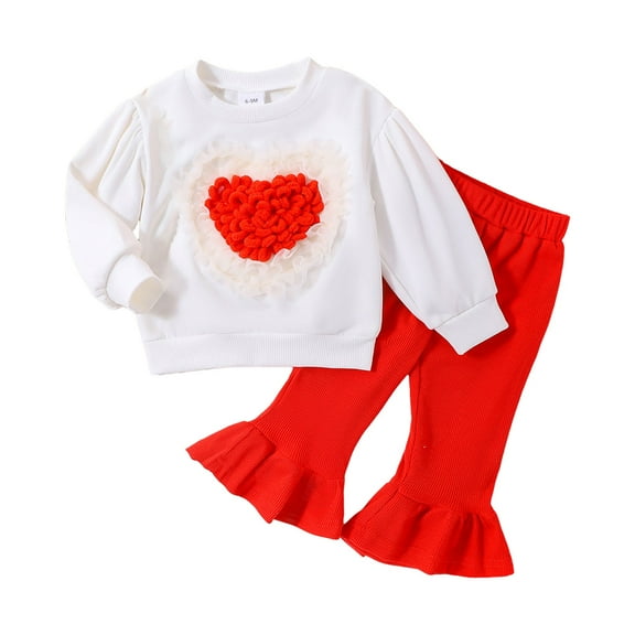Fsqjgq Baby Girl Clothes Toddler Girls Valentine's Day Outfits Long Sleeve Heart Embroidered Sweatshirts Flare Pants Bell-Bottoms Clothing Sets 3Y