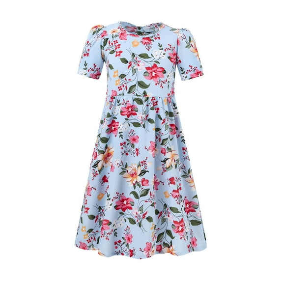Fsqjgq Baby Girl Clothes Toddler Spring Dress Summer Spring Outfits for Toddler Girls Casual Dress Summer Scoop Neck Short Sleeves Floral Flowy Print Plain Dresses Beach Princess Dress 120