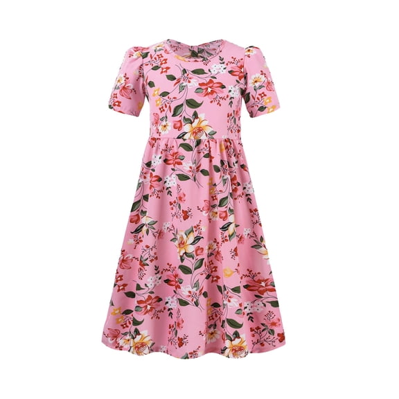 Fsqjgq Baby Girl Clothes Tutu Dress for Girls Summer 12-20 Month Girl Clothes Pink Girl's Casual Dress Summer Scoop Neck Short Sleeves Floral Flowy Print Plain Dresses Beach Princess Dress 140