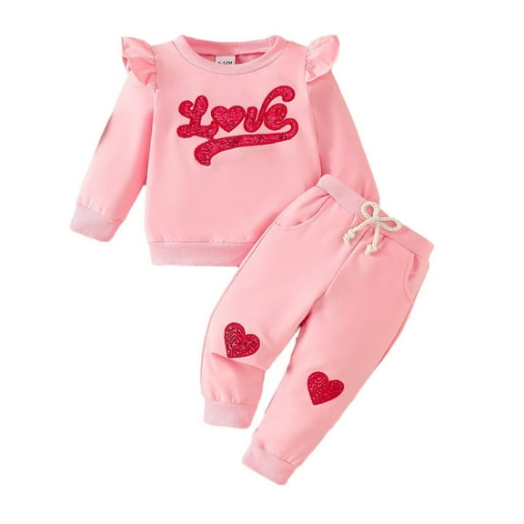 Fsqjgq Baby Girl Clothes Valentines Day Outfit Long Sleeve LOVE Sequin Embroidered Sweatshirt Jogger Pants 2Pcs Toddler Girls Clothing Sets 18M