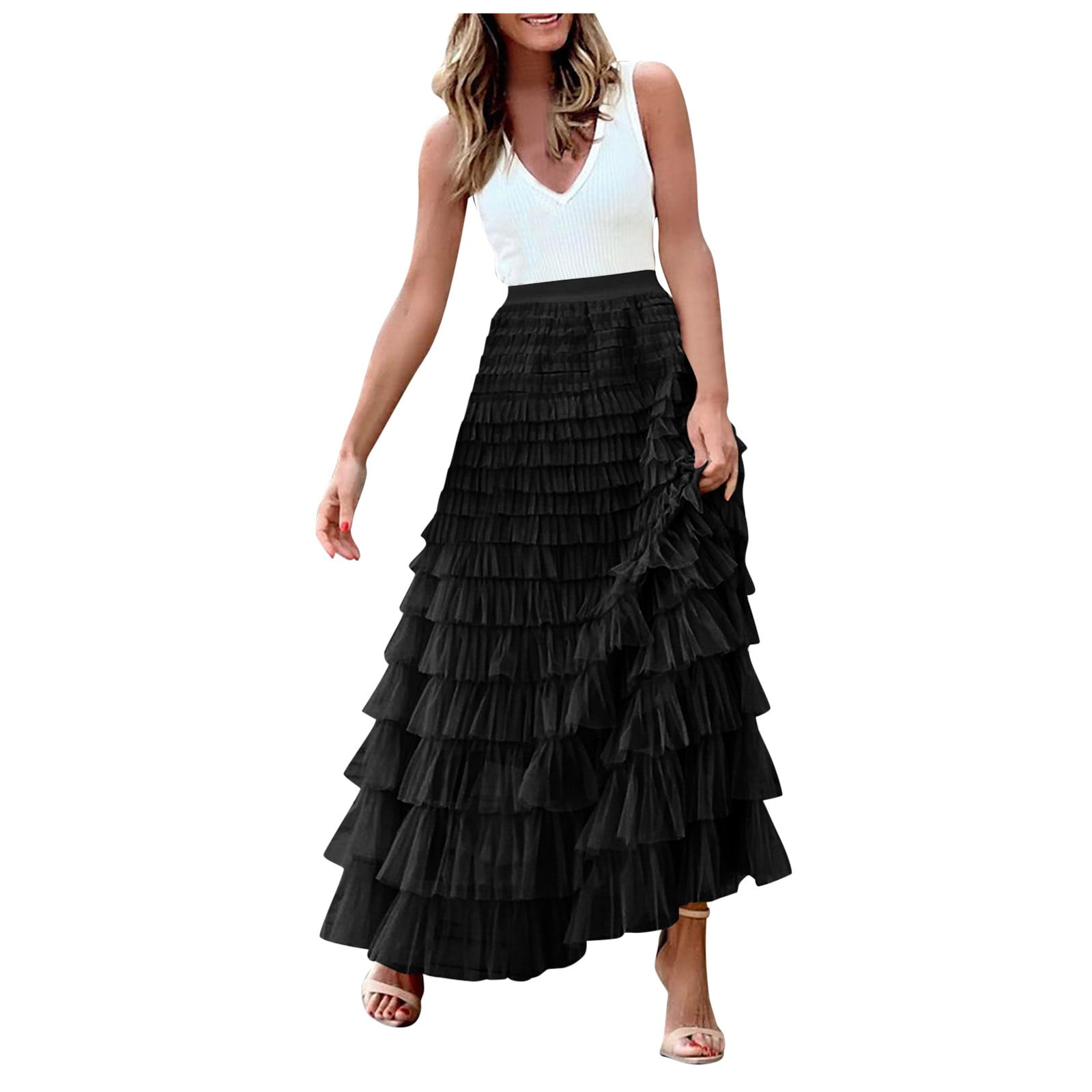 KELYWELL Women's Long Maxi Tiered Tulle Skirt - High Waisted, A-Line, Layered Mesh Tutu Skirt For Parties, Weddings, Casual Wear