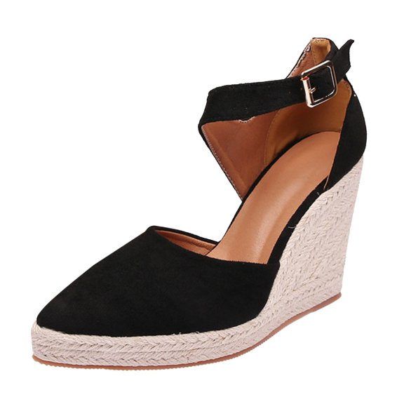 Fsqjgq Beach Sandals Women Slip On Sandals Pointed Toe Espadrilles Fisherman Shoes Women's Wedges New Summer 2024 Flax Straw Woven with A High Heel Shoes Pumps Women Shoes Size 37 Black