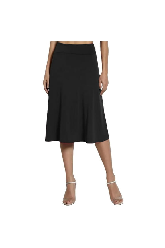 Black Midi Skirts for Women Solid Lightweight Flare Pull On Closure Pleated Skirt High Waisted A Line Work Party Pencil Skirts