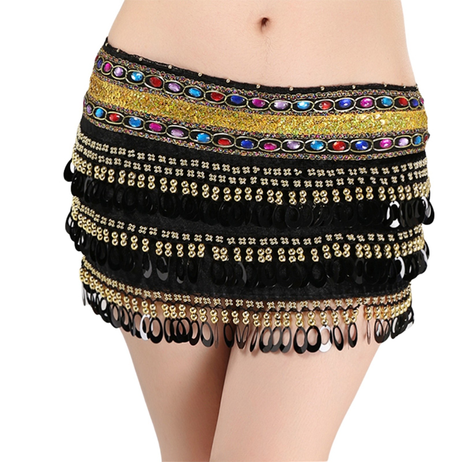 Fsqjgq Black Mini Skirts for Women Sequin Embroidered Belly Dance ...
