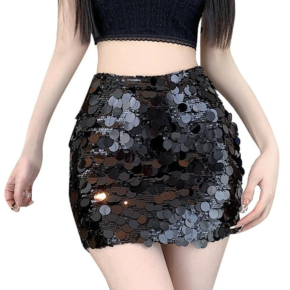 Fsqjgq Black Sequin Mini Skirts for Women Sparkly Sequins Skirt Versatile High Waisted Bodycon Wrap Party Pencil Skirt