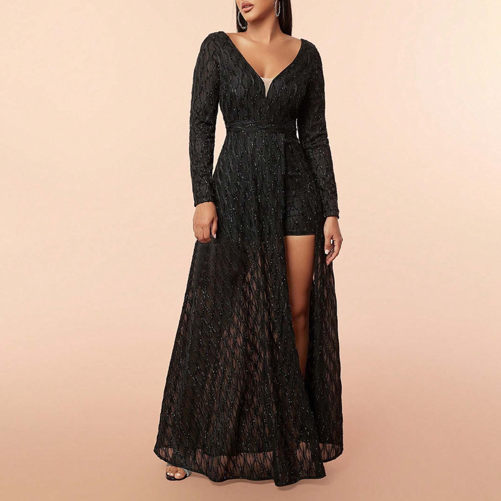 Fsqjgq Black Wedding Guest Dresses for Women Elegant Deep V Mesh Sequin ...