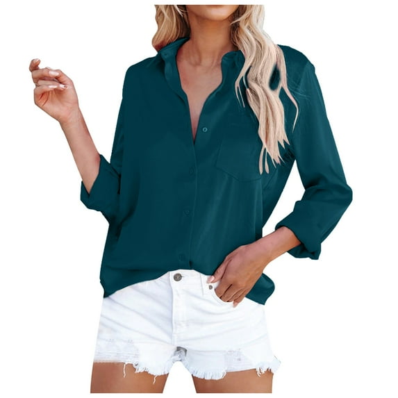 Fsqjgq Blouse Womens Tops Elegant Blue Blouse Long Sleeve Shirts for Women Woman Shirts Casual Lapel Button Down Shirts Cotton Dress Shirts Long Sleeve Blouses V Neck Solid Casual Tunics Tops with Po