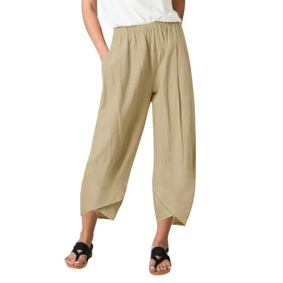 Fsqjgq Boho Wide Leg Trousers Solid Color Cotton Comfort Elastic Waist Loose Harem Pants for Women Spring Summer Beach Yoga Trousers Khaki Xxl