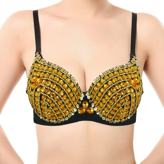 Fsqjgq Bra for Women Push up Padded Brassiere Studded Diamond Night Club Belly Dance Bras Performance Suit Plus Size Underwear Top Gold Xs