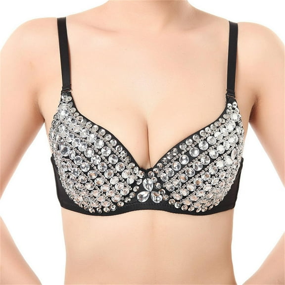 Fsqjgq Bra for Women Push up Padded Brassiere Studded Diamond Night Club Belly Dance Bras Performance Suit Plus Size Underwear Top Silver Xs