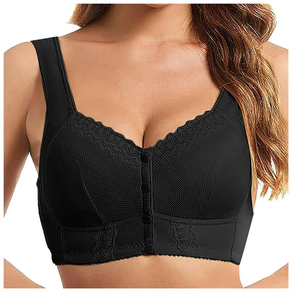 Fsqjgq Bras for Older Women Floral Lace Front Closure Bras Push Up Bra Bralettes No Underwire Plus Size Full Coverage Front Button Bra Underwear Nursing Bras Large Size Womens Sports Bras Black F