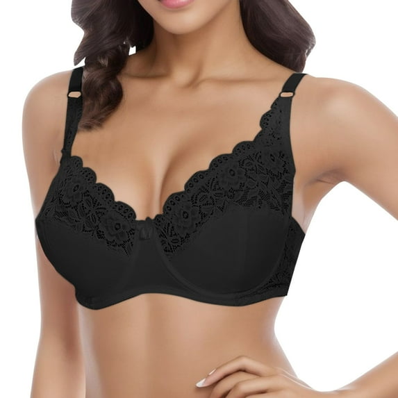Fsqjgq Bras for Women Plus Size D Cup Gathered Push Up Full Figure Bra Floral Lace Patchwork Lightly Lined Convertible Wireless Bras Bralettes Black