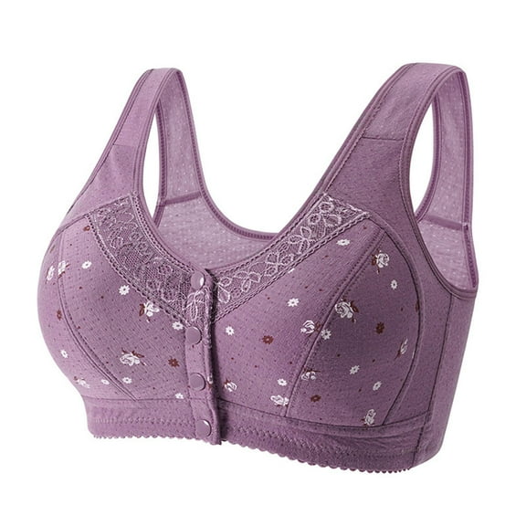 Fsqjgq Bras for Women Plus Size Front Closure Middle Aged Elderly Comfort Underwear Floral Padded Lightly Lined Wireless Push Up Bras Tops Purple 38