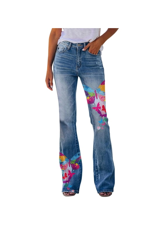 Capri Pants for Women Jean Capris for Women Pants Printed Pattern Loose Flared Hem Jeans Stretch Flared Bottoms Pink M