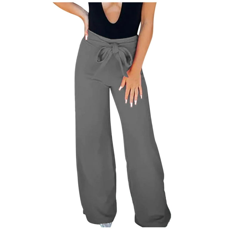 Fsqjgq Casual Comfy High Waist Palazzo Pants Cream Pants for Women Wide Leg  Casual Solid Pants with Pockets Lightweight High Waisted Adjustable Tie  Knot Loose Trousers Gray S 