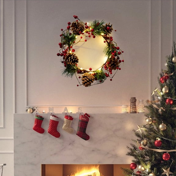 Fsqjgq Christmas Wreaths for Front Door Lit Christmas Garland with Led Lights Green Leaf Red Berries Pinecones Ornaments Garlands Christmas Decorations Holiday Wall Door Window Decor