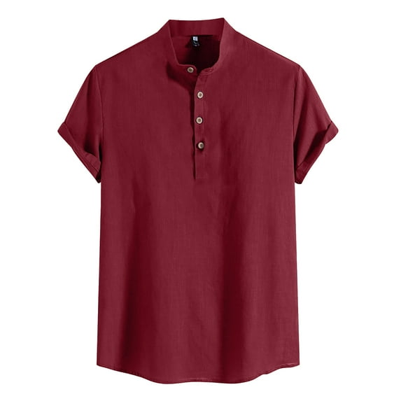 Fsqjgq Cotton Linen Dress Shirts Vintage Men's Casual Shirts Solid Stand Collar Button Short Sleeve Shirt Red Xxxxl