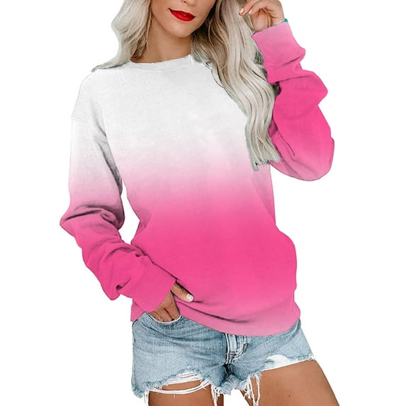 Fsqjgq Crewneck Sweatshirt for Women Fashion Gradient Color Hoodies Casual Loose Lightweight Basic Tops Fall Pullover Blouse Hot Pink M