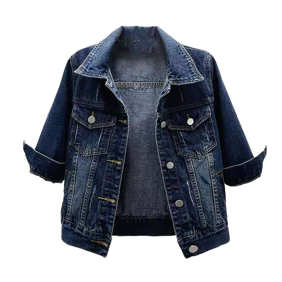 Fsqjgq Cropped Denim Jackets for Women Fashion Short Jean Shacket Jacket Lightweight Fitted Stretchy Button Lapel Denim Jacket with Pockets Fall Coats
