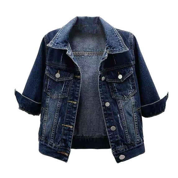 Fsqjgq Cropped Denim Jackets for Women Fashion Short Jean Shacket Jacket Lightweight Fitted Stretchy Button Lapel Denim Jacket with Pockets Fall Coats