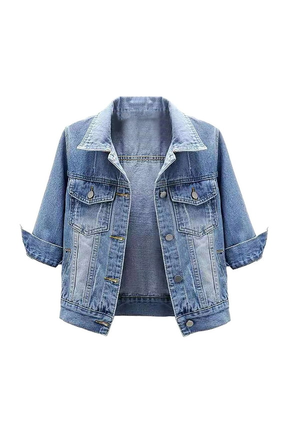 Cropped Denim Jackets for Women Fashion Short Jean Shacket Jacket Lightweight Fitted Stretchy Button Lapel Denim Jacket with Pockets Fall Coats